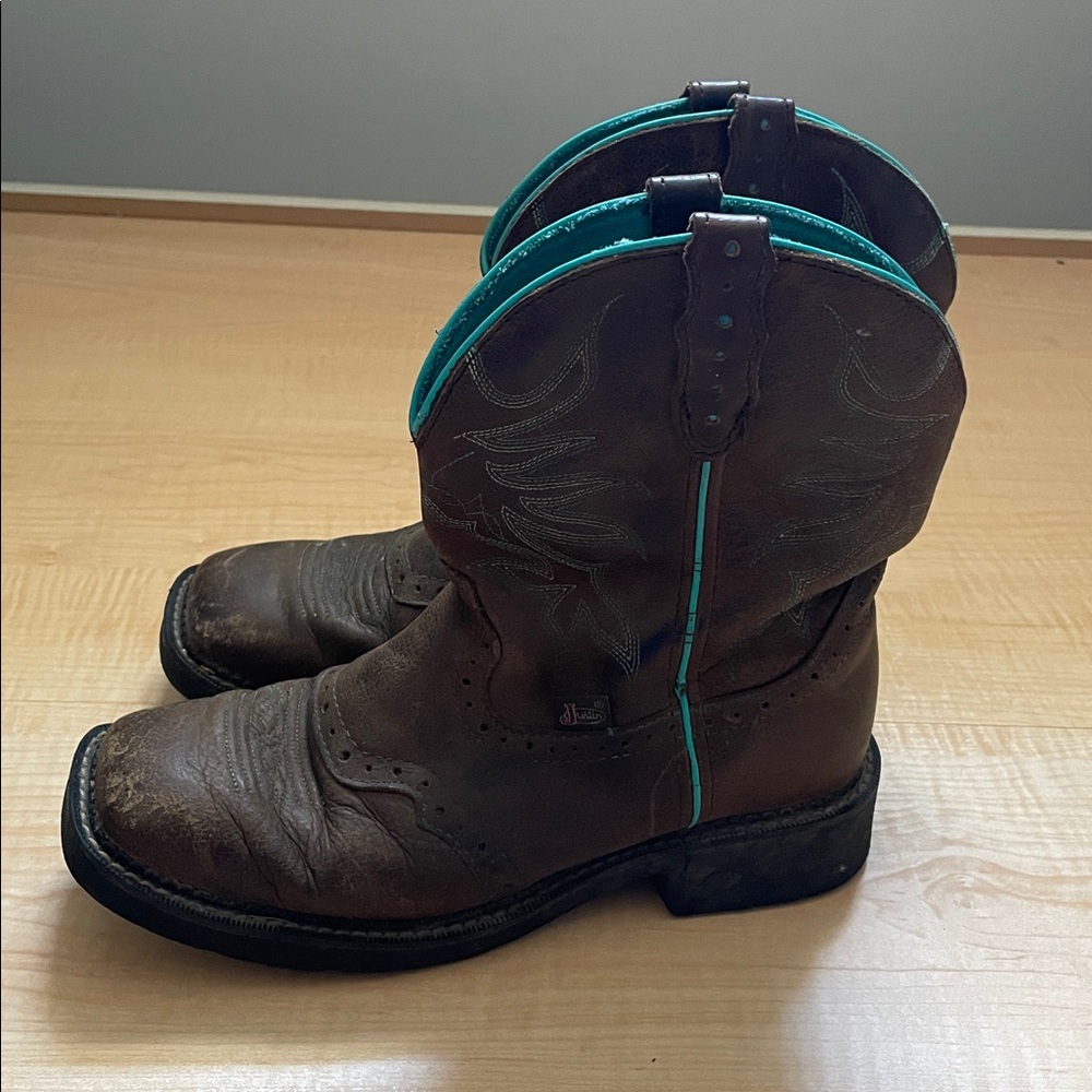 Justin Gypsy women's brown leather turquoise stitching rubber sole 7.5B - Picture 3 of 10